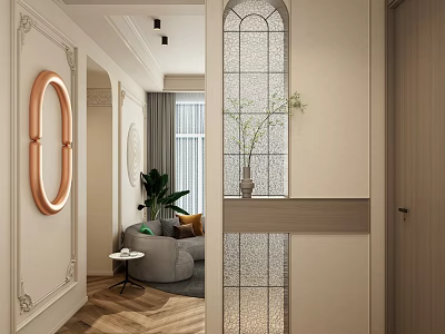 Elegant Foyer Hallway Design With Arched Glass And Oval Wall Light 3d model
