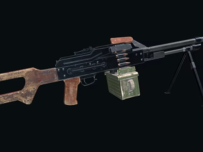 Vintage Machine Gun With Wooden Grip Metal Frame Ammunition Box And Tripod 3d model