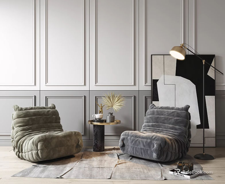 Plush Green And Gray Leisure Sofa Set With Floor Lamp Abstract Painting And Side Table 3d model 