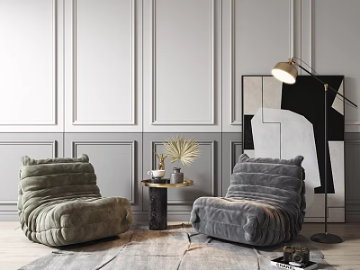 Plush Green And Gray Leisure Sofa Set With Floor Lamp Abstract Painting And Side Table 3d model