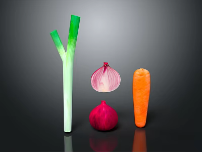 Fresh Organic Vegetables Leek Onion Red Onion And Carrot On Dark Background With Reflection 3d model