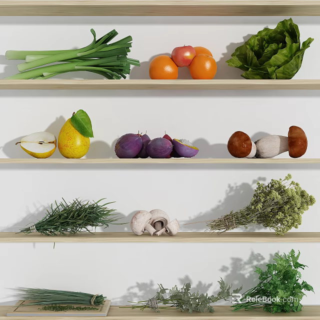 Assorted Fresh Vegetables Arranged on Wooden Shelves with Green Onions Tomatoes Lettuce Mushrooms and Herbs 3d model 
