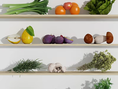 Assorted Fresh Vegetables Arranged on Wooden Shelves with Green Onions Tomatoes Lettuce Mushrooms and Herbs 3d model