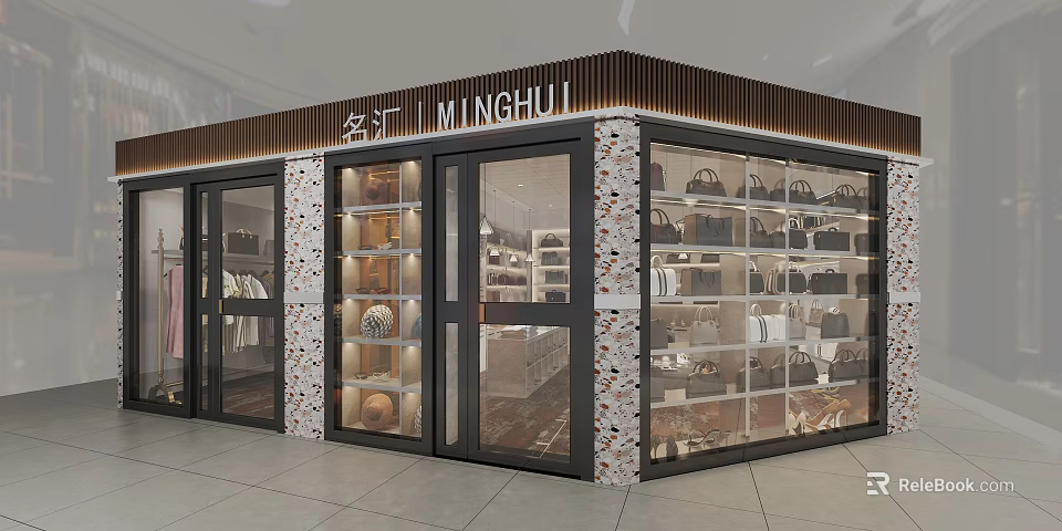 MINGHUI Mall Store Modern Glass Front Display With Bags And Clothing Items 3d model 