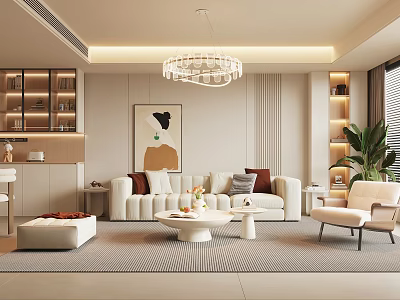 Modern Living and Dining Room with Chandelier Beige Sofa Coffee Table Rug and Green Plant 3d model