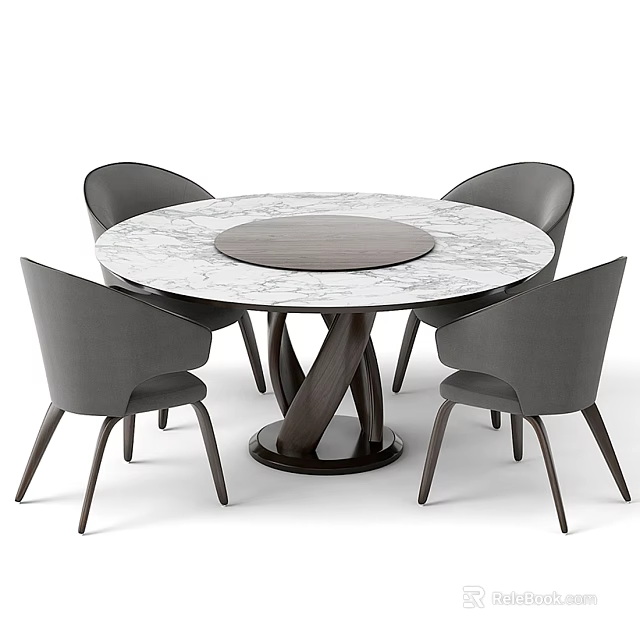 Modern Round Dining Table Set With Marble Top And Four Gray Wooden Leg Chairs 3d model 