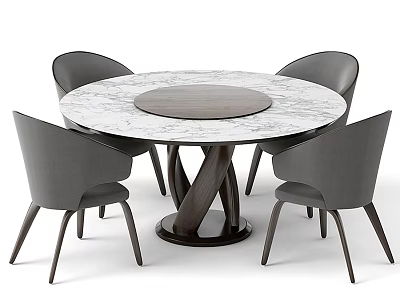 Modern Round Dining Table Set With Marble Top And Four Gray Wooden Leg Chairs 3d model