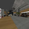 Modern Cafe Interior With Wooden Decor Gray Floor Hanging Lights And Green Plants