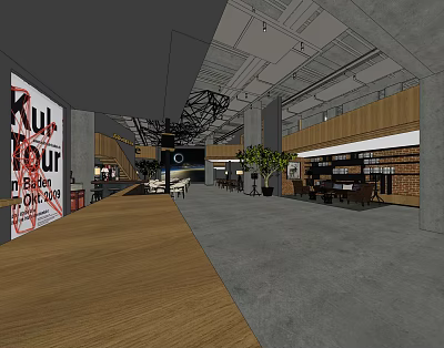 Modern Cafe Interior With Wooden Decor Gray Floor Hanging Lights And Green Plants 3d model