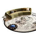 Green Curved Sofa and Glass Coffee Table Set with Cushions Round Rug and Floor Lamp