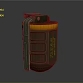Green And Orange Hand Grenade With Cylindrical Body Pull Ring And Text Markings