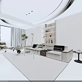 Modern Living and Dining Room Interior With Beige Sofa Bookshelf And Area Rug