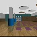 Modern Fitness Studio With Lockers Blue Pillars Arranged Black Mats And Wooden Floor