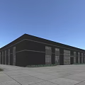 Industrial Warehouse Exterior Modern Gray Building with Large Glass Windows People Around Blue Sky