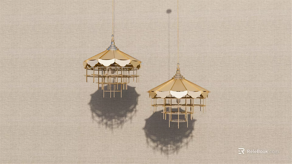 Decorative Golden Dome Shaped Chandeliers With Frame Structure On Beige Background 3d model