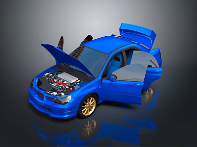 Blue Car with Open Hood and Doors Displaying Engine and Interior 3d model