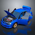 Blue Car with Open Hood and Doors Displaying Engine and Interior 3d model
