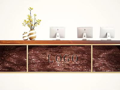 Modern Reception Desk With Wooden Countertop Three Computer Monitors Vase Yellow Flowers And Logo 3d model