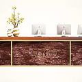 Modern Reception Desk With Wooden Countertop Three Computer Monitors Vase Yellow Flowers And Logo