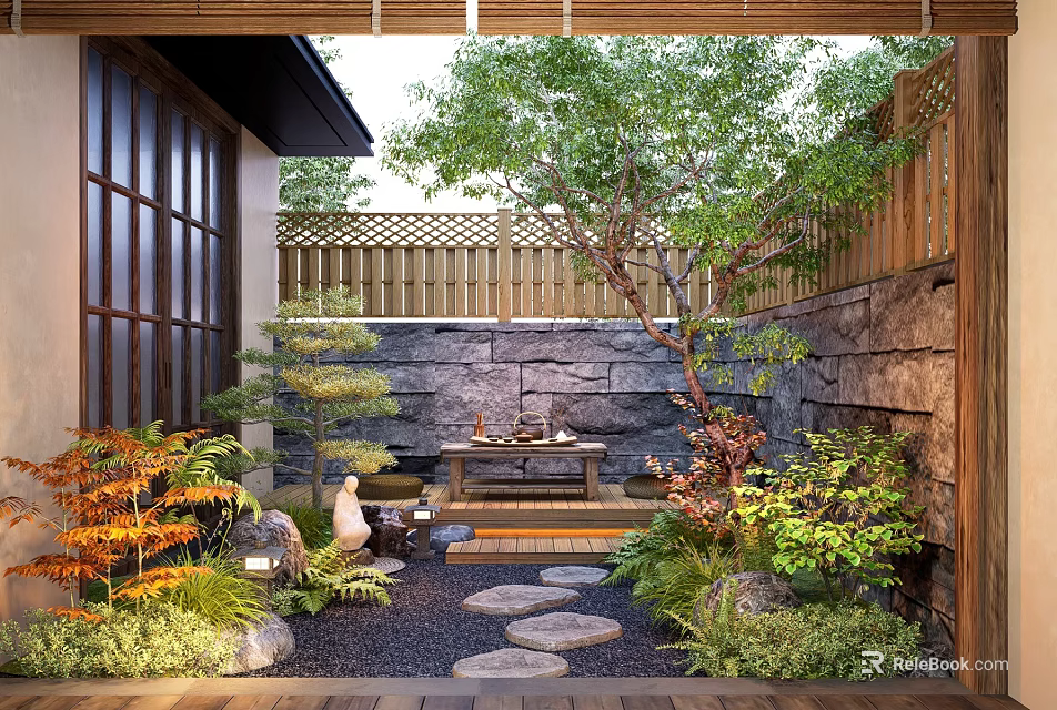 Karesansui Japanese Zen Garden With Stone Path Wooden Fence And Green Plants 3d model 