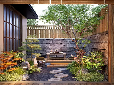 Karesansui Japanese Zen Garden With Stone Path Wooden Fence And Green Plants 3d model