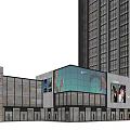 Modern Commercial Street With High Rise Building Glass Curtain Wall And Billboards