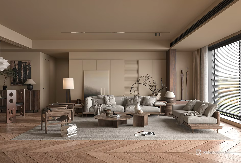 Modern Living Room Interior Design With Beige Sofa Wooden Herringbone Floor And Coffee Table 3d model 