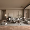 Modern Living Room Interior Design With Beige Sofa Wooden Herringbone Floor And Coffee Table