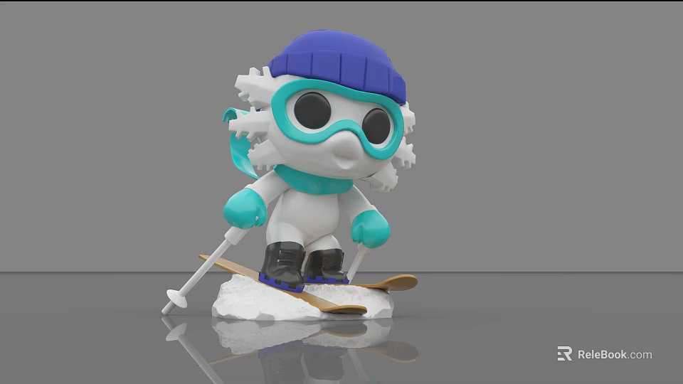 Cute Snow Doll With Blue Hat Goggles Ski Poles And Skis On Snow 3d model 