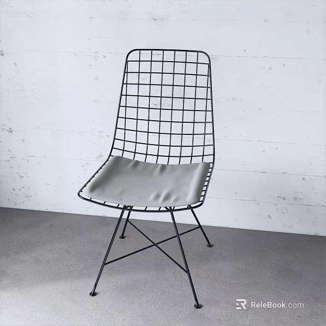 Modern Metal Grid Lounge Chair With Light Gray Cushion And White Wall Background 3d model 