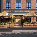 Thai Cafe Exterior With Red Brick Building Large Windows Thatch Umbrellas And Plant Decorations