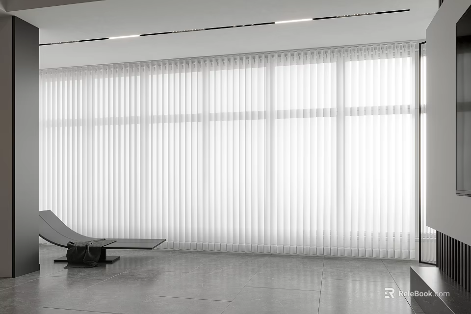 Minimalist Lounge Chair In Modern Interior With White Vertical Blinds And Gray Floor 3d model 