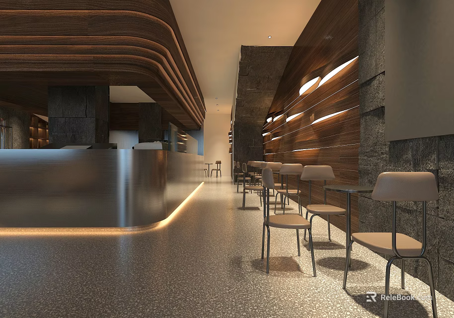 Modern Tea Shop Interior Design With Sleek Bar Counter And Cozy Seating 3d model 
