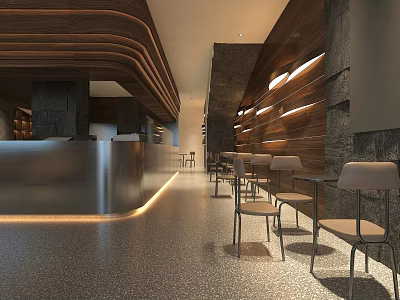 Modern Tea Shop Interior Design With Sleek Bar Counter And Cozy Seating 3d model