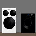 Two Modern White Washing Machines With Black Circular Doors And Digital Control Panels