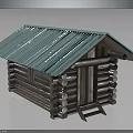 Rustic Log Cabin Building With Blue Metal Roof And Wooden Door Steps Structure