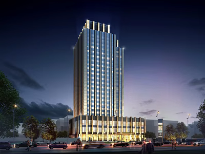 Modern Office Building With Illuminated Facade At Night In City 3d model