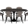 Modern Round Dining Table Set With Dark Tabletop And Six Gray Chairs 3d model