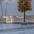 Modern Golden Arched Pergola With White Canopy Over Pool Reflections And Building