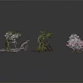 Various Colorful Decorative Plants With Pink White Green Blooms And Curved Branches