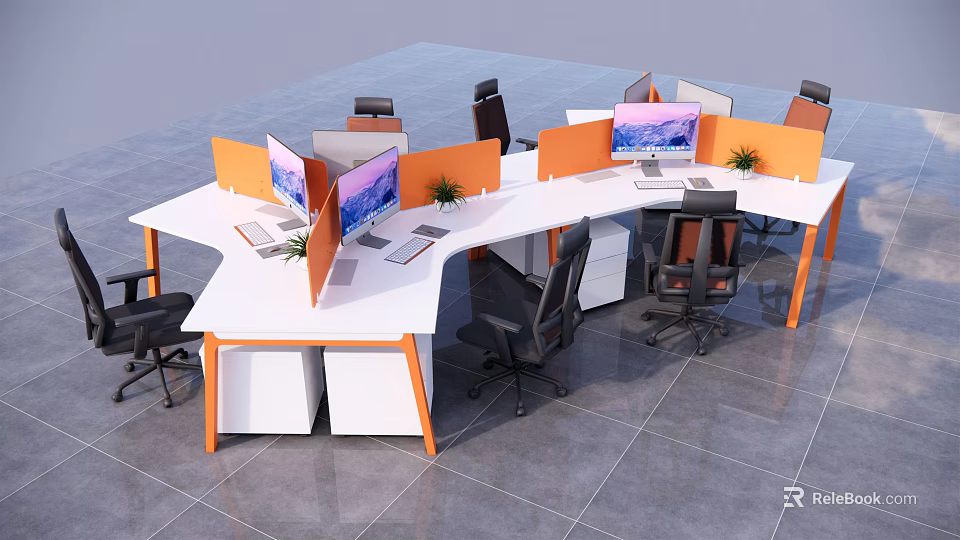 Modern Office Workstations With White Desktops Orange Partitions Computers And Plants 3d model