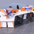 Modern Office Workstations With White Desktops Orange Partitions Computers And Plants 3d model