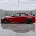 Red Sports Sedan With Rear Spoiler And Large Wheels In Indoor Studio