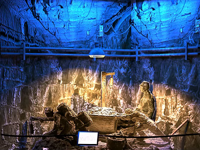Mysterious Ancient Cave Interior With Stone Statues Table Rock Walls And Blue Lighting 3d model