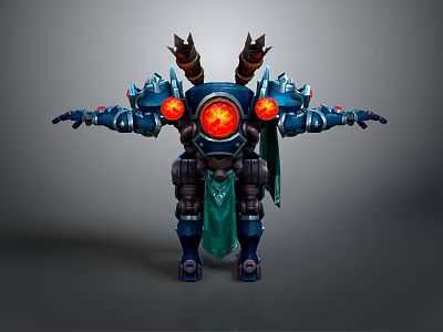 Mechanical Character Fantasy Creature With Blue Armor Red Glowing Core Horns And Green Cape 3d model