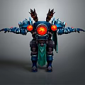 Mechanical Character Fantasy Creature With Blue Armor Red Glowing Core Horns And Green Cape