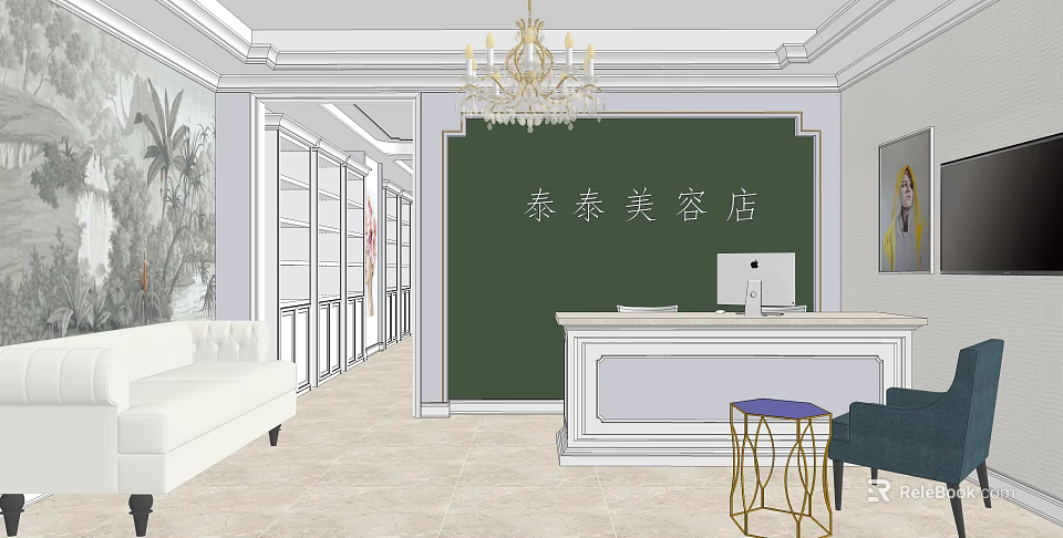 Elegant Beauty and Hair Salon Interior with Front Desk Chandelier Sofa and Reception Area 3d model 