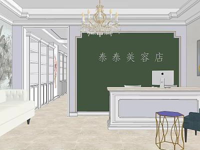 Elegant Beauty and Hair Salon Interior with Front Desk Chandelier Sofa and Reception Area 3d model