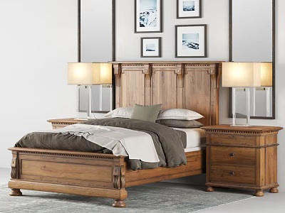 Wooden Double Bed With Paneled Headboard Two Nightstands Table Lamps And Framed Wall Art 3d model