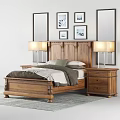 Wooden Double Bed With Paneled Headboard Two Nightstands Table Lamps And Framed Wall Art